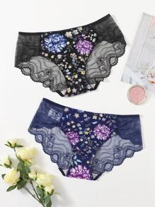 2packs Plus Size Floral Print Contrast Lace Panty Set - Multicolor - View 1