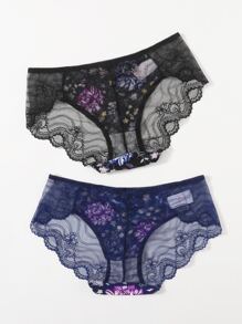 2packs Plus Size Floral Print Contrast Lace Panty Set - Multicolor - View 2