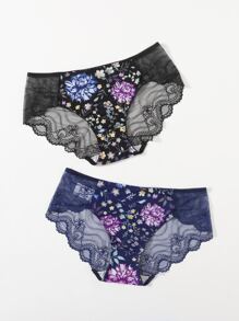 2packs Plus Size Floral Print Contrast Lace Panty Set - Multicolor - View 3