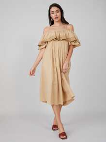 SHEIN Vestido fluido de hombros descubiertos - Caqui - Ver 8