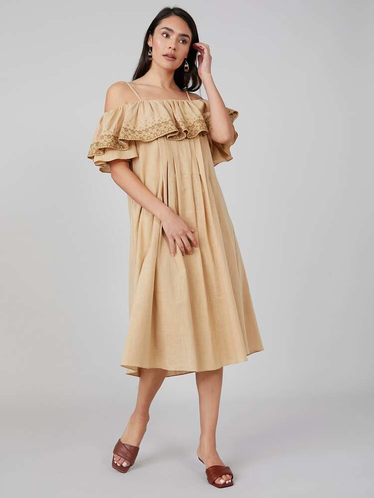 SHEIN Vestido fluido de hombros descubiertos - Caqui - Añade 10