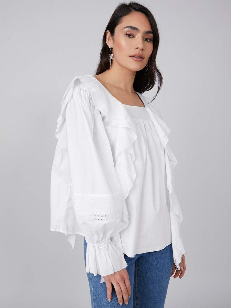 MOTF PREMIUM Top de manga con volante fruncido - Blanco - Añade 7