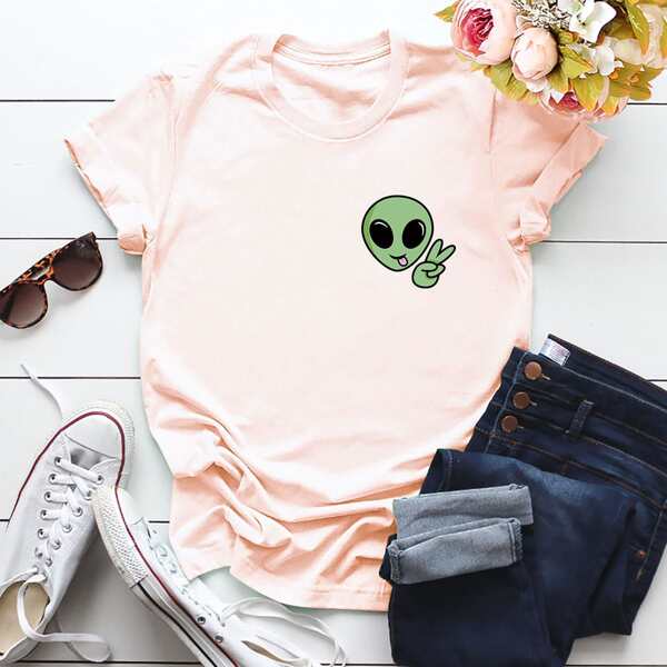 

Cartoon Alien Print Tee, Baby pink