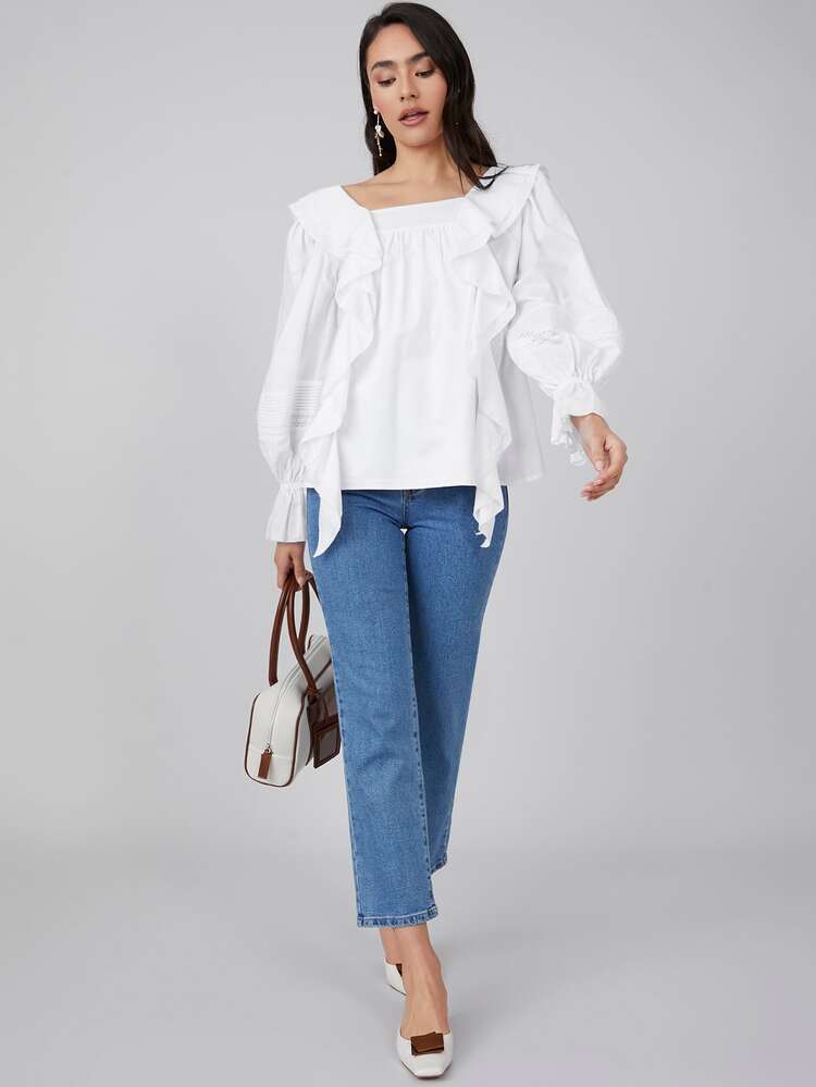 MOTF PREMIUM Top de manga con volante fruncido - Blanco - Añade 10