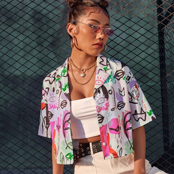 

Drop Shoulder Graphic Print Blouse, Multicolor
