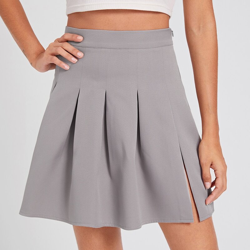 

Split Hem Solid Pleated Skirt, Grey