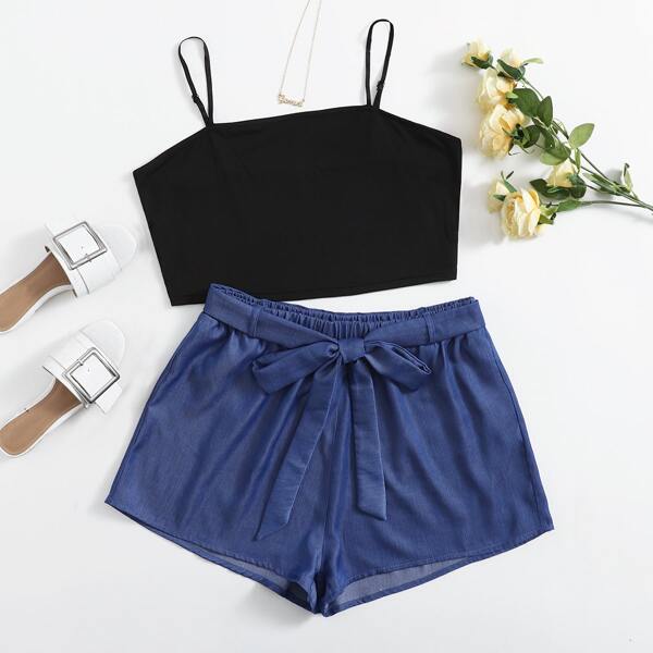 

Plus Crop Cami Top With Belted Shorts, Multicolor