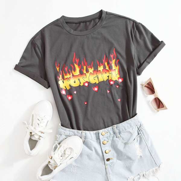 

Plus Fire Letter Graphic Tee, Dark grey
