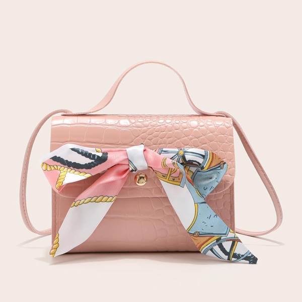 

Twilly Scarf Decor Croc Embossed Satchel Bag, Pink