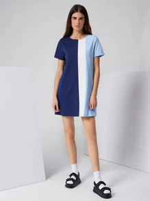 SHEIN Colorblock Tee Dress - Blue - View 4