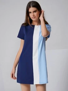 SHEIN Colorblock Tee Dress - Blue - View 1