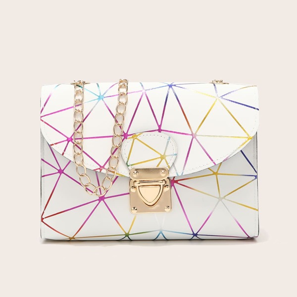 

Geometric Graphic Push Lock Chain Bag, White