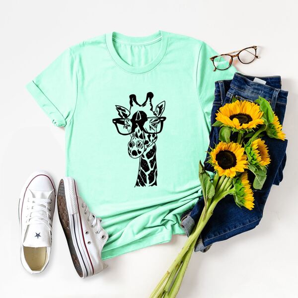

Giraffe With Glasses Print Tee, Mint green