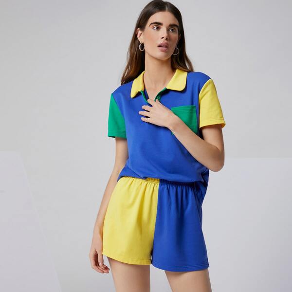 

Colorblock Patch Pocket Tee & Track Shorts Set, Multicolor