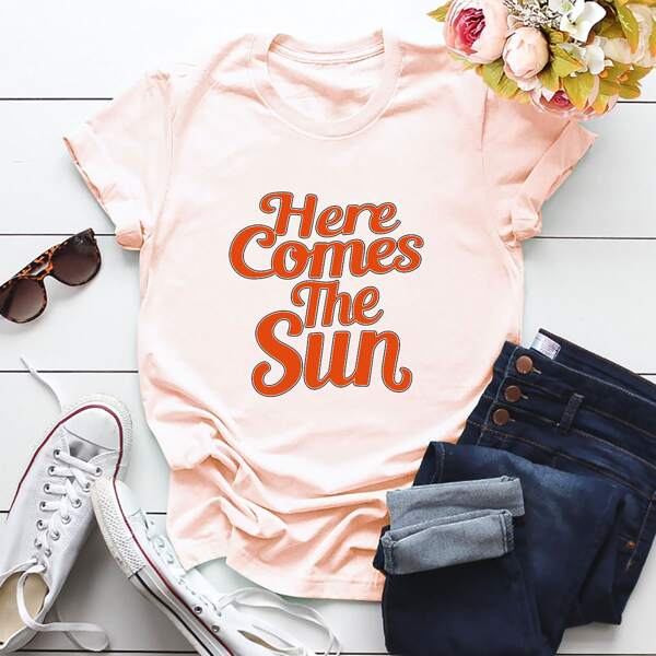 

Slogan Graphic Short Sleeve Tee, Pastel baby pink