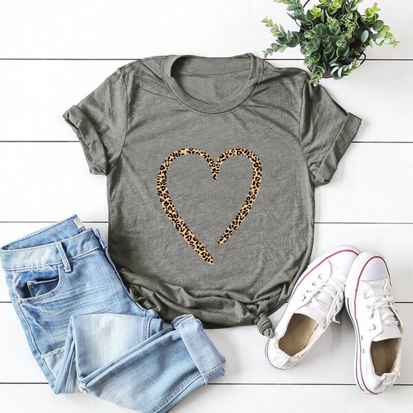 

Marled Leopard Heart Print Tee, Grey