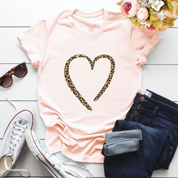 

Marled Leopard Heart Print Tee, Baby pink