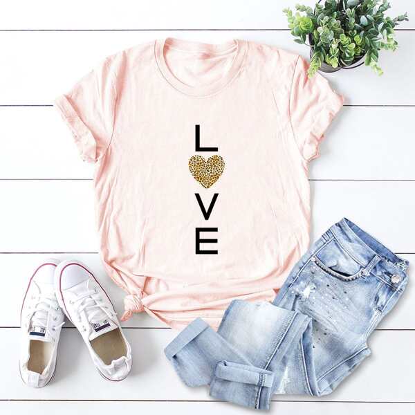 

Leopard Heart & Letter Graphic Tee, Pastel baby pink