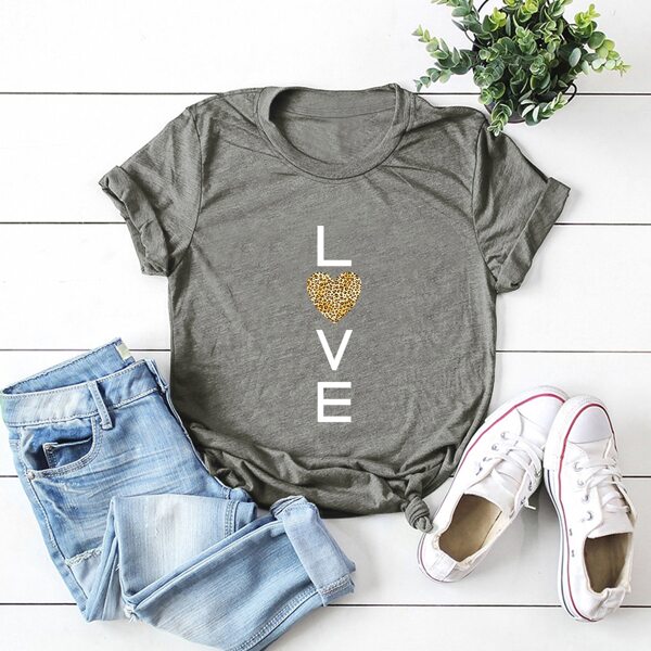

Leopard Heart & Letter Graphic Tee, Grey