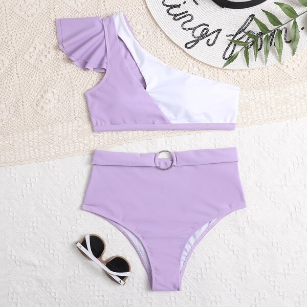 

Color Block Ruffle One Shoulder Bikini Swimsuit, Lilac purple