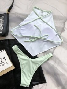 Rib Hanky Hem High Cut Bikini Set, For Summer Beach Vacation - Mint Green - View 2