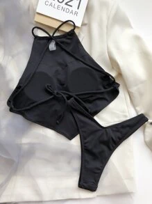 Conjunto de bikini con dobladillo de pañuelo de corte alto, para verano y vacaciones en la playa - Negro - Ver 2