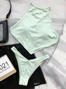 Rib Hanky Hem High Cut Bikini Set, For Summer Beach Vacation - Mint Green - View 4