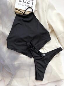 Conjunto de bikini con dobladillo de pañuelo de corte alto, para verano y vacaciones en la playa - Negro - Ver 3