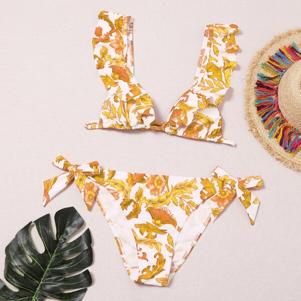 

Baroque Graphic Ruffle Trim Bikini Swimsuit, Yellow