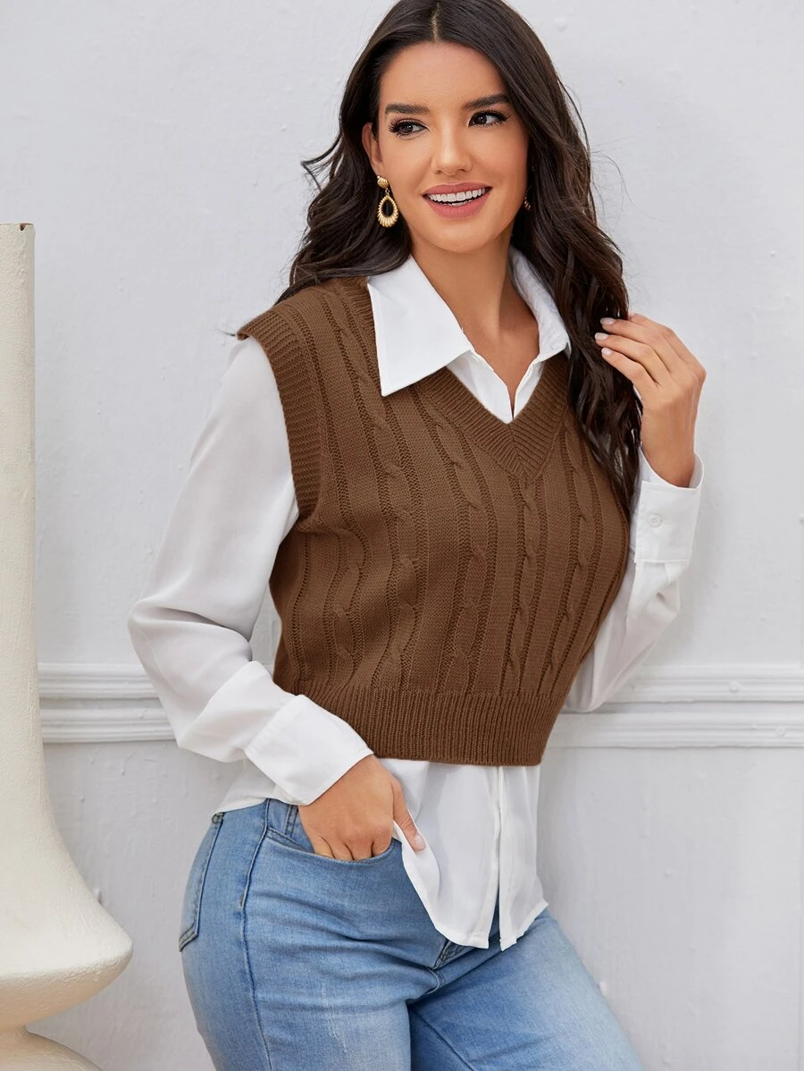 Chaleco jersey tejido de cable de cuello V sin camisa - Café integral - Ver 1