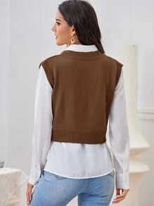 Chaleco jersey tejido de cable de cuello V sin camisa - Café integral - Ver 2