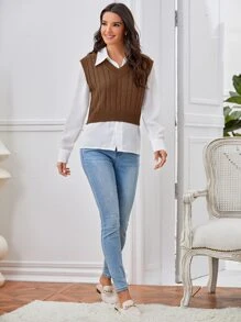 Chaleco jersey tejido de cable de cuello V sin camisa - Café integral - Ver 3