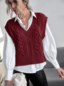 Cable Knit Solid Sweater Vest - Maroon - View 1