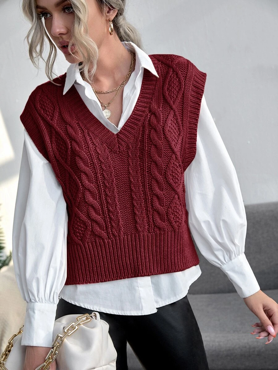 Cable Knit Solid Sweater Vest - Maroon - View 1
