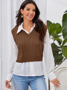 Chaleco jersey tejido de cable de cuello V sin camisa - Café integral - Ver 4