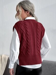 Cable Knit Solid Sweater Vest - Maroon - View 2