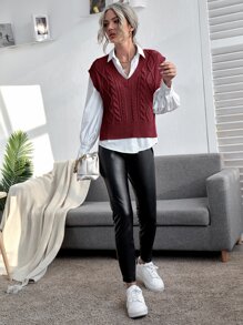 Cable Knit Solid Sweater Vest - Maroon - View 3