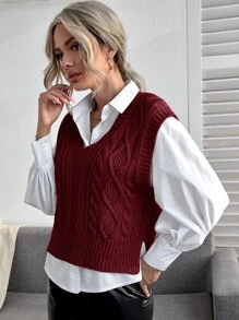 Cable Knit Solid Sweater Vest - Maroon - View 4