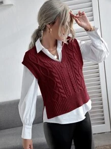 Cable Knit Solid Sweater Vest - Maroon - View 5