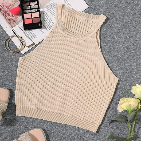 

Solid Ribbed Knit Top, Apricot