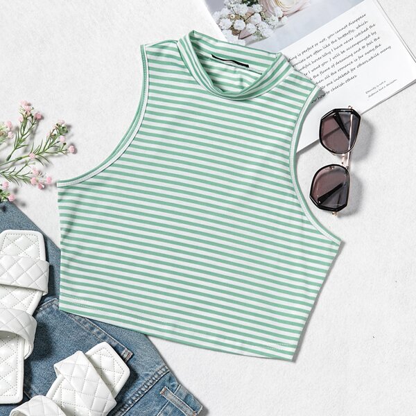 

Mock Neck Two Tone Striped Tank Top, Multicolor