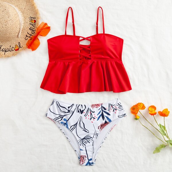 

Floral Graphic Ruffle Hem Bikini Swimsuit, Multicolor