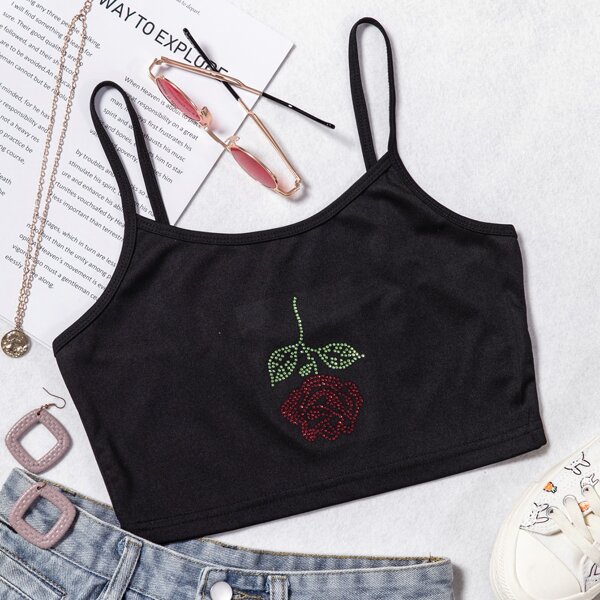 

Rhinestone Floral Pattern Crop Cami Top, Black