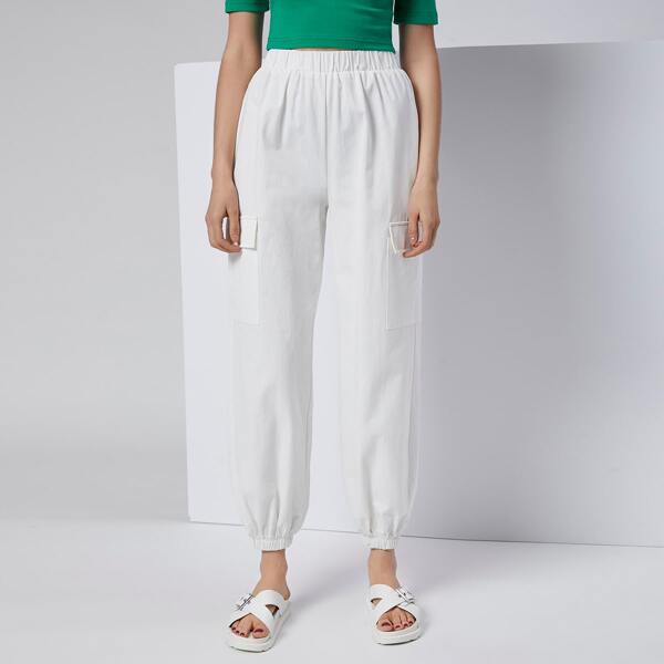 

Solid Elastic Waist Flap Pocket Cargo Pants, White