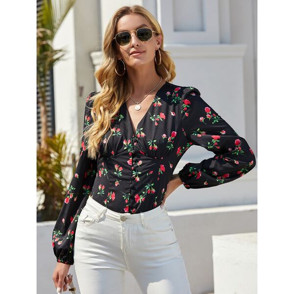 

Floral Print Button Front Blouse, Black