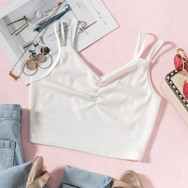 

Double Strap Ruched Detail Cami Top, White