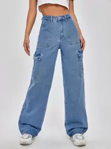 SHEIN EZwear 高腰翻蓋口袋寬腿牛仔褲 - 中等水洗藍 - 查看 1