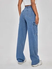 SHEIN EZwear 高腰翻蓋口袋寬腿牛仔褲 - 中等水洗藍 - 查看 2