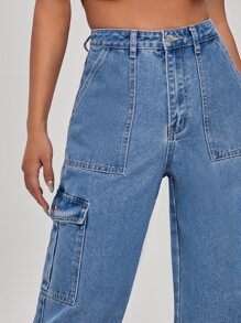 SHEIN EZwear 高腰翻蓋口袋寬腿牛仔褲 - 中等水洗藍 - 查看 3