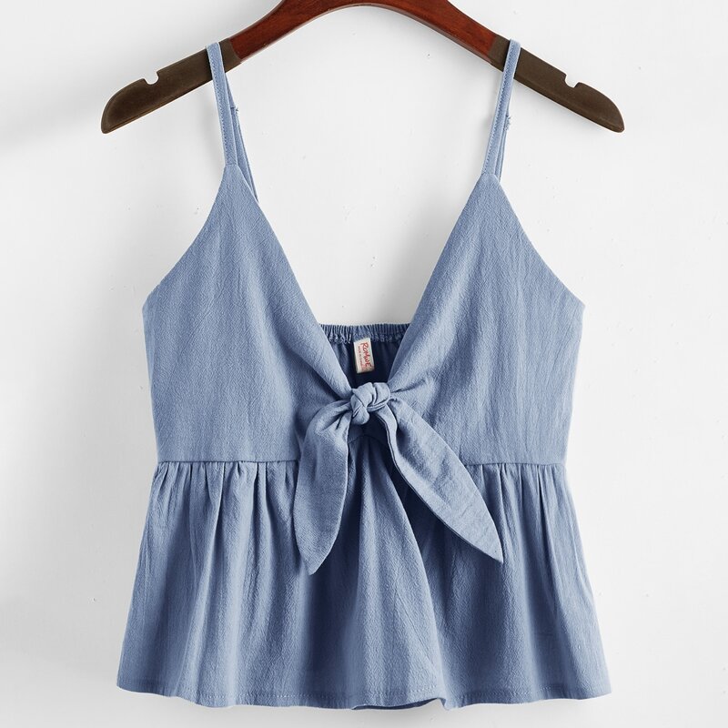 

Solid Knot Ruffle Hem Cami, Blue